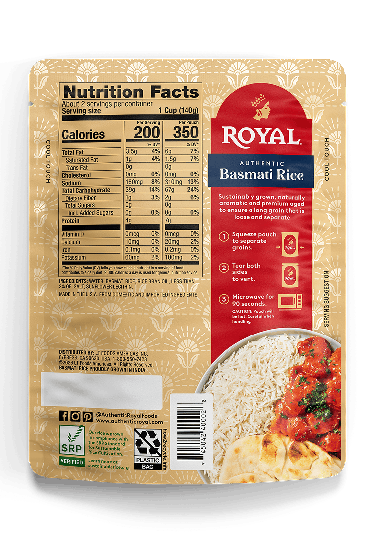 Royal Authentic Basmati Rice back of pack, 8.5 oz ready-to-heat rice pouch