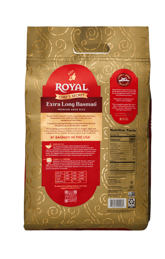 Back 10lb packshot of Royal(R) Chef's Secret(TM) Extra Long Grain Basmati Rice