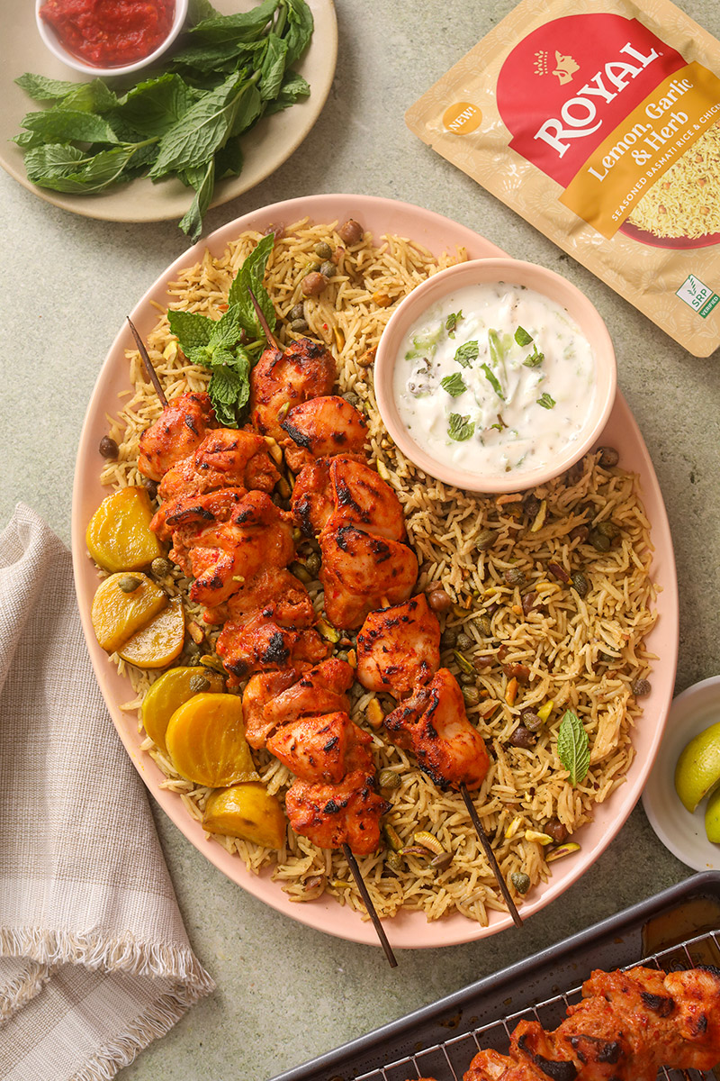 Harissa-Spiced Chicken Skewers with Lemon Herb Rice