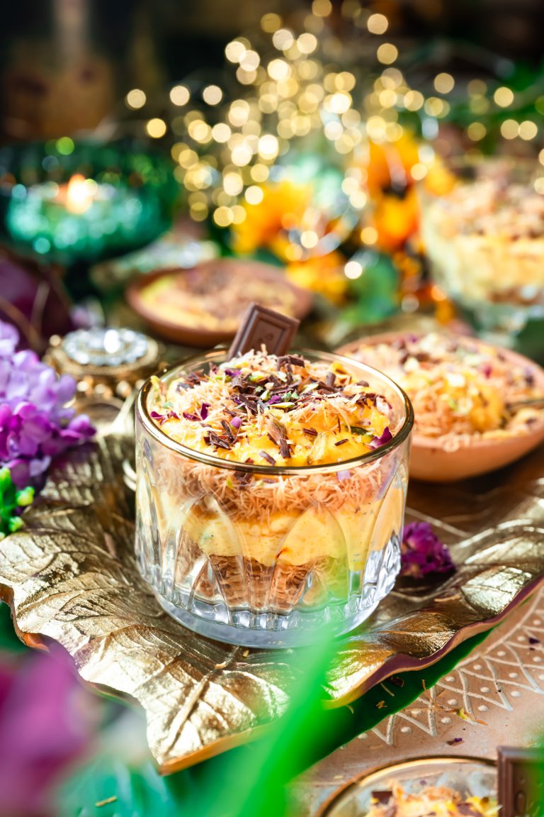 Kesar Pista Kunafa Phirni with Shaved Chocolate