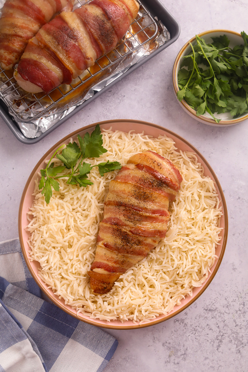 Bacon-Wrapped Cheddar Broccoli Chicken with Basmati
