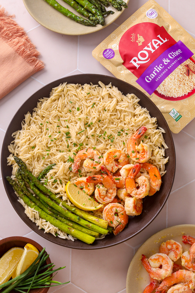 Garlic Ghee Basmati with Shrimp and White Wine Sauce