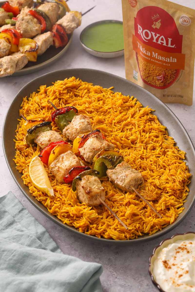 Pepper Chicken Skewers with Tikka Masala Rice