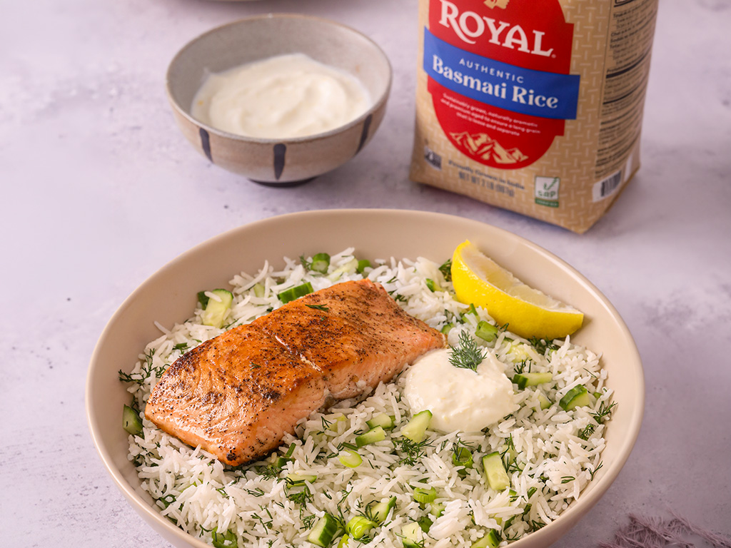 Crispy Salmon with Cucumber Dill Basmati