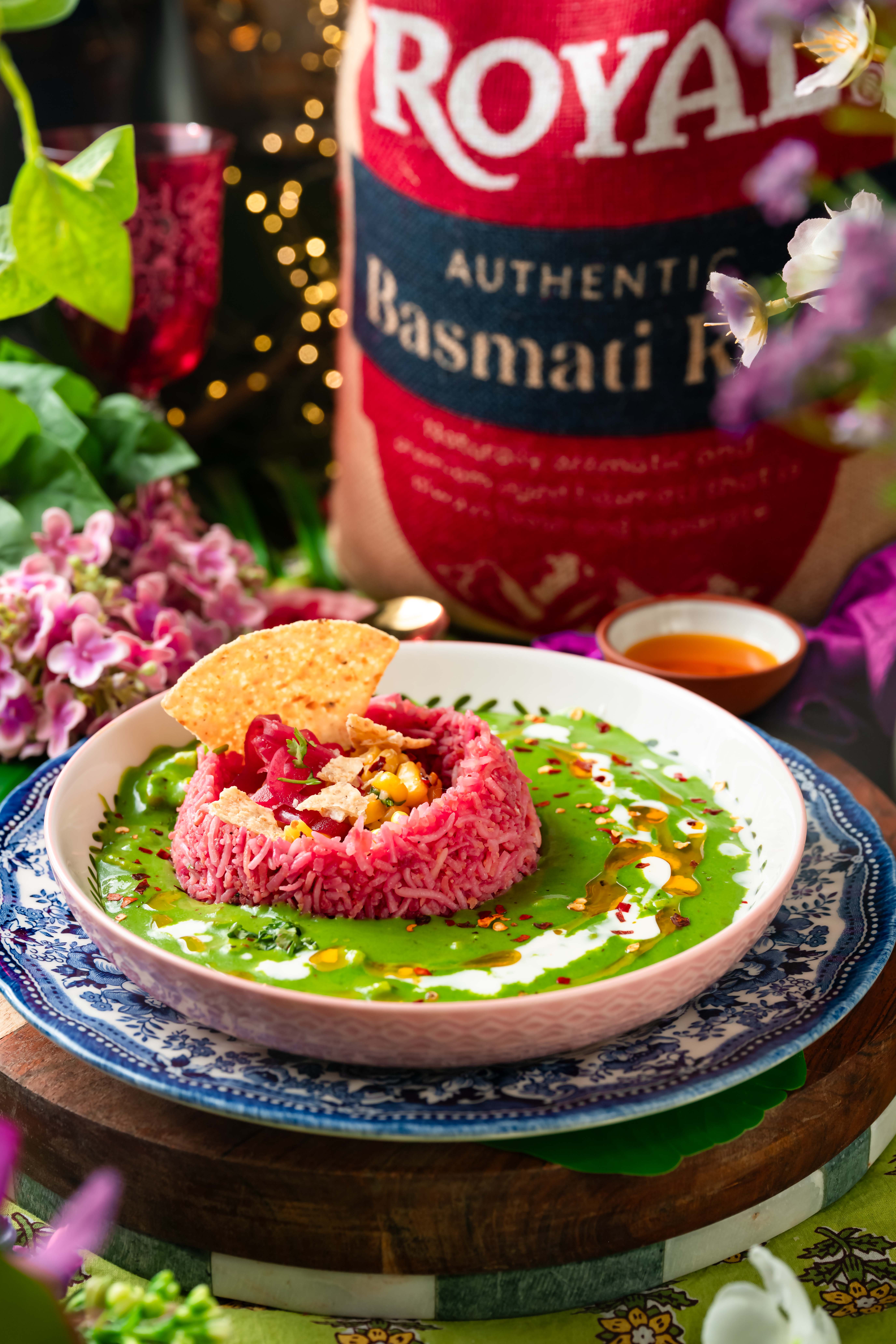 Beetroot Garlic Rice With Creamy Spinach Corn Sauce