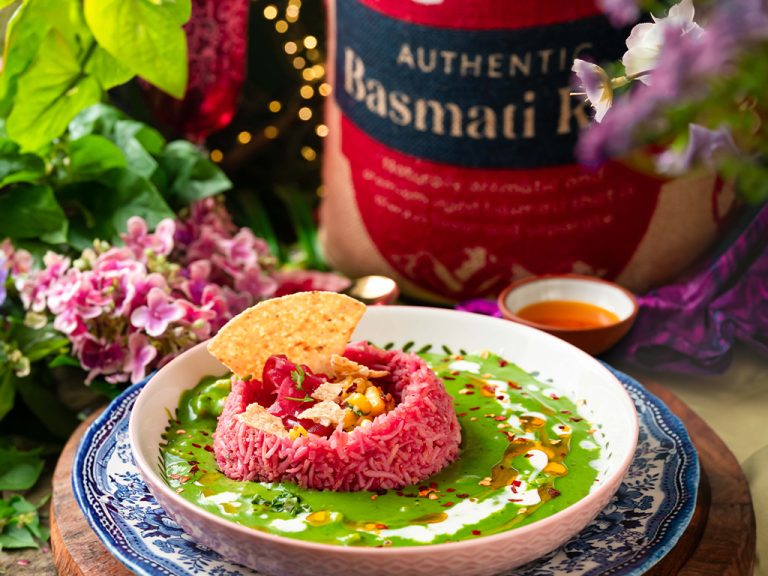 Beetroot Garlic Rice With Creamy Spinach Corn Sauce