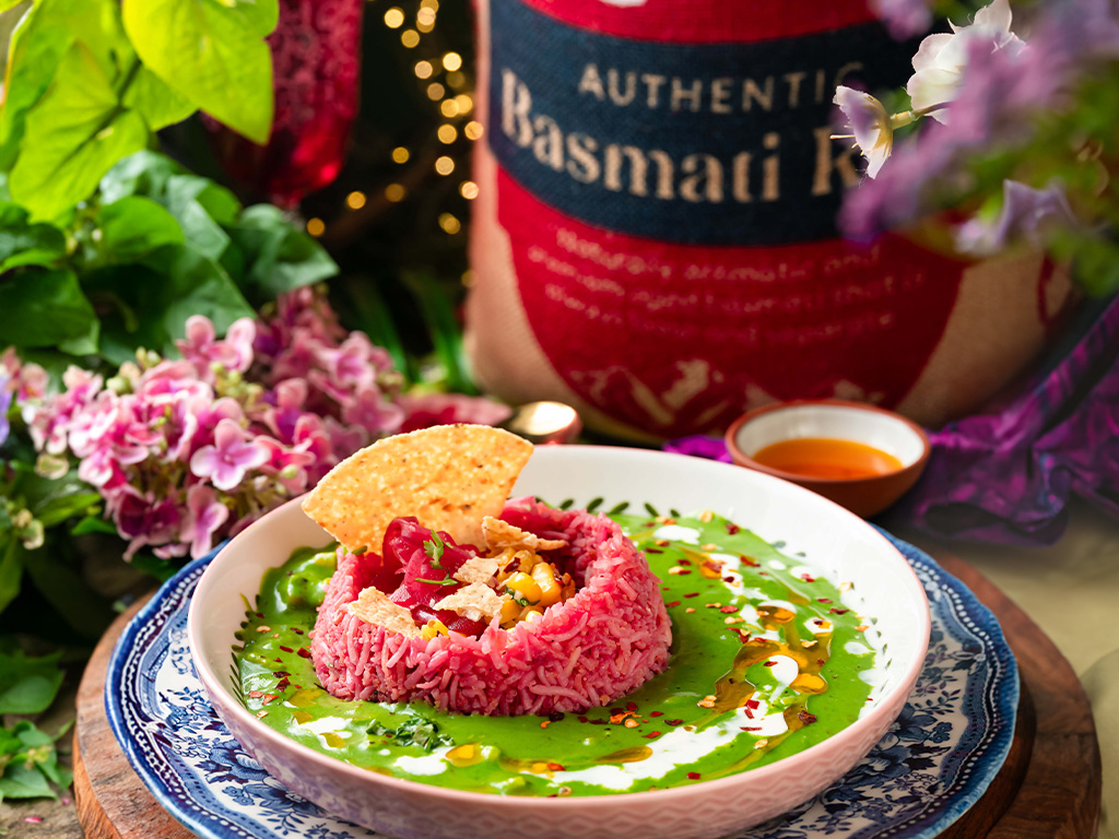 Beetroot Garlic Rice With Creamy Spinach Corn Sauce