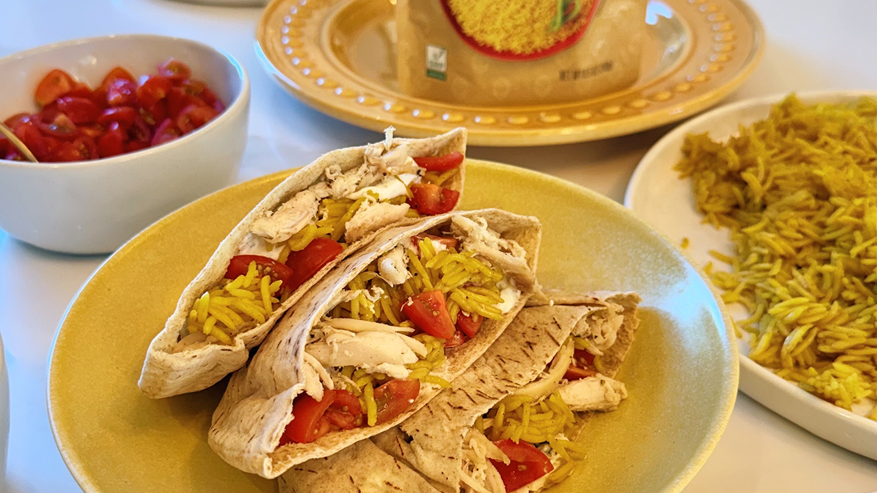 5-Ingredient Mediterranean Chicken & Yellow Rice Pitas