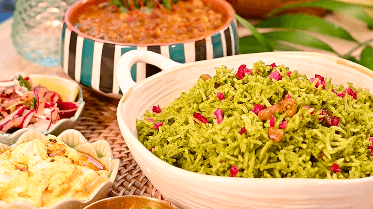 Cilantro Mint Pulao with Kwati Daal
