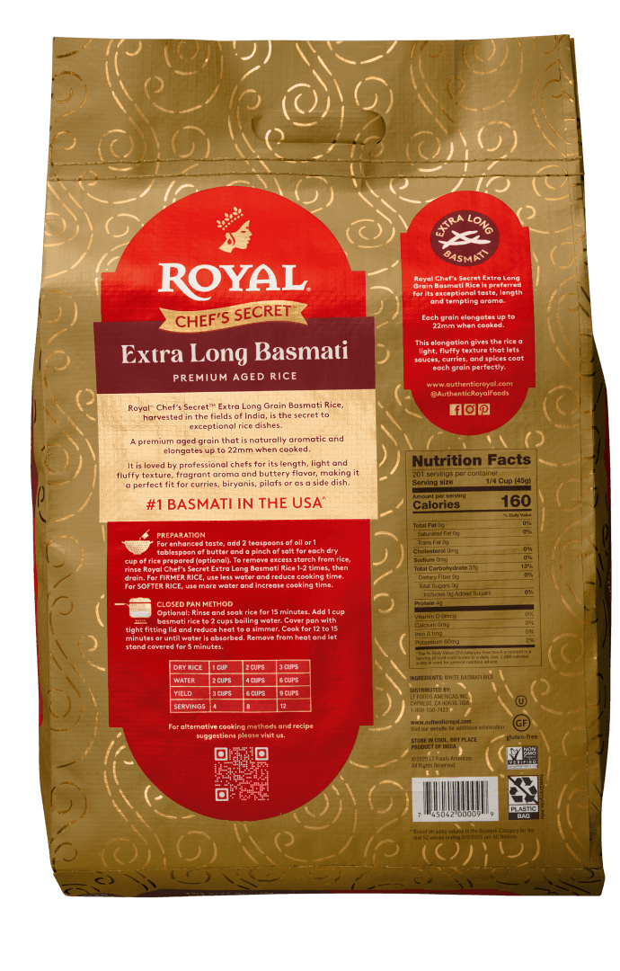 Back of pack 20lb Royal Chef's Secret Extra Long Grain Basmati