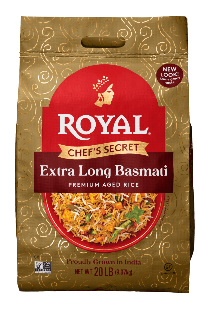 Front of pack 20lb Royal Chef's Secret Extra Long Grain Basmati