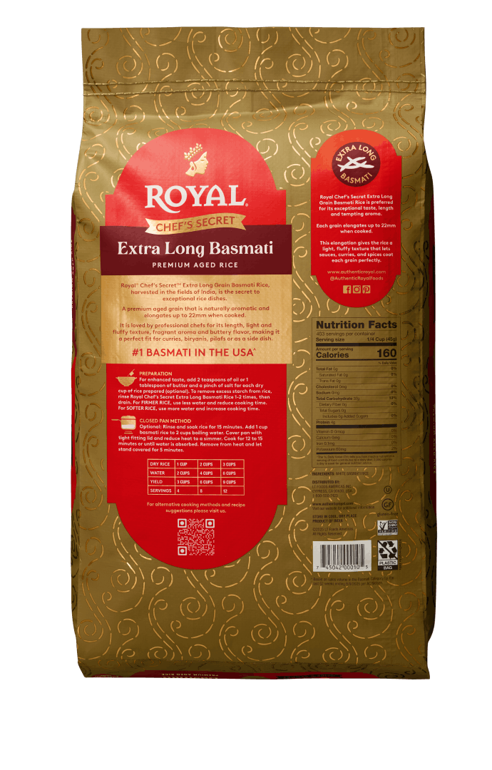 Back of pack 40lb Royal Chef's Secret Extra Long Grain Basmati