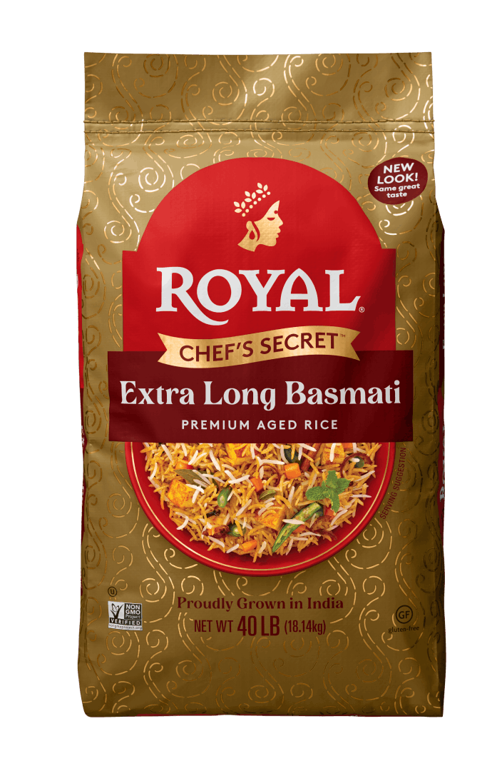 Front of pack 40lb Royal Chef's Secret Extra Long Grain Basmati